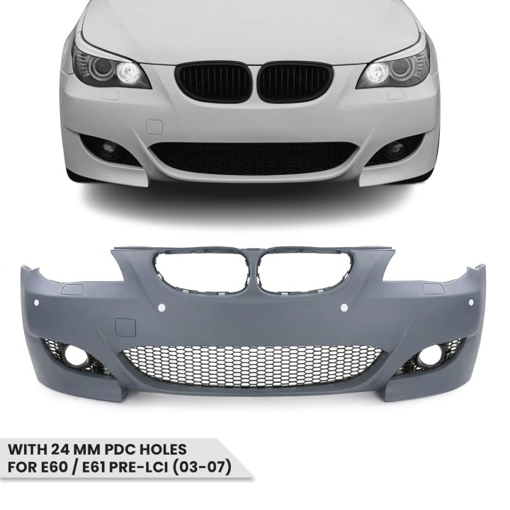 M5 iedvesmots priekšējais buferis BMW E60 / E61 PRE-LCI (03-07) ar 24 mm PDC caurumiem
