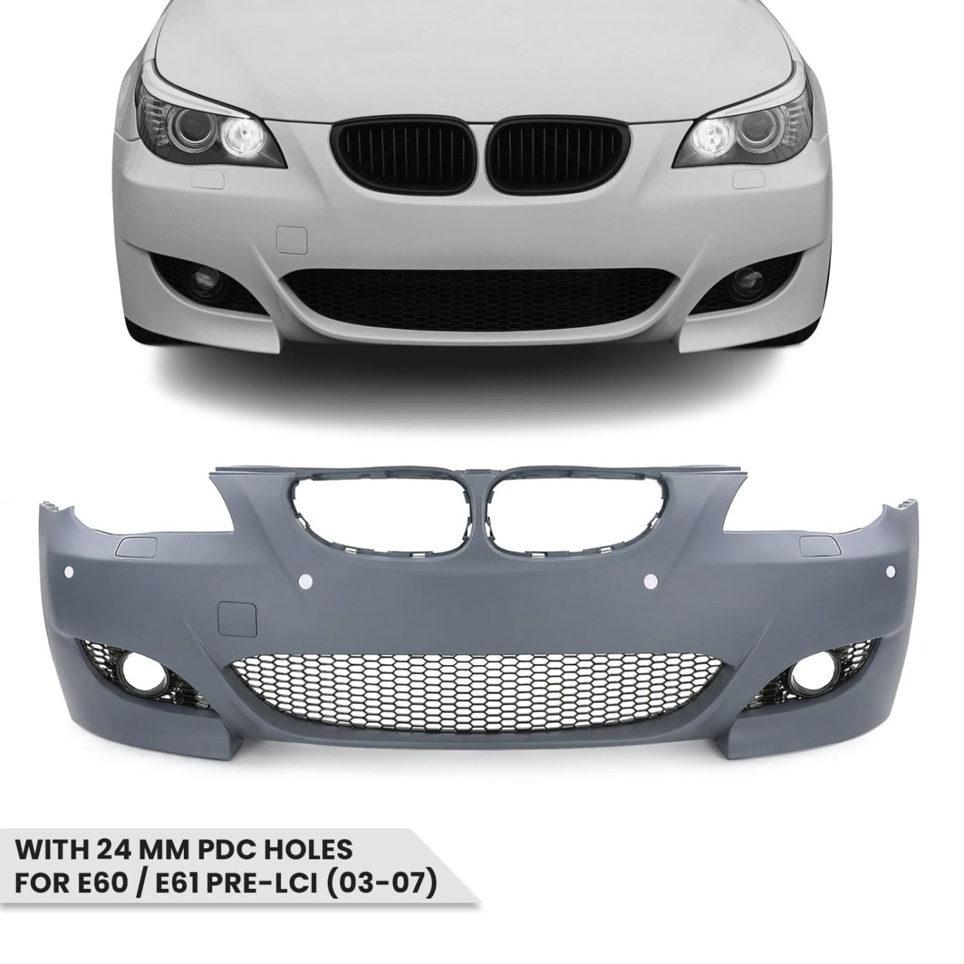 M5 iedvesmots priekšējais buferis BMW E60 / E61 PRE-LCI (03-07) ar 24 mm PDC caurumiem